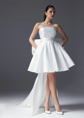 Lillian | Elegant Short Satin Strapless Wedding Dress with Bow Back Detail - White - PromDressClub